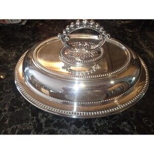 Antique Victorian/Edwardian Silver Plated Oval Entrée Dish – 11" – Ornate Handle